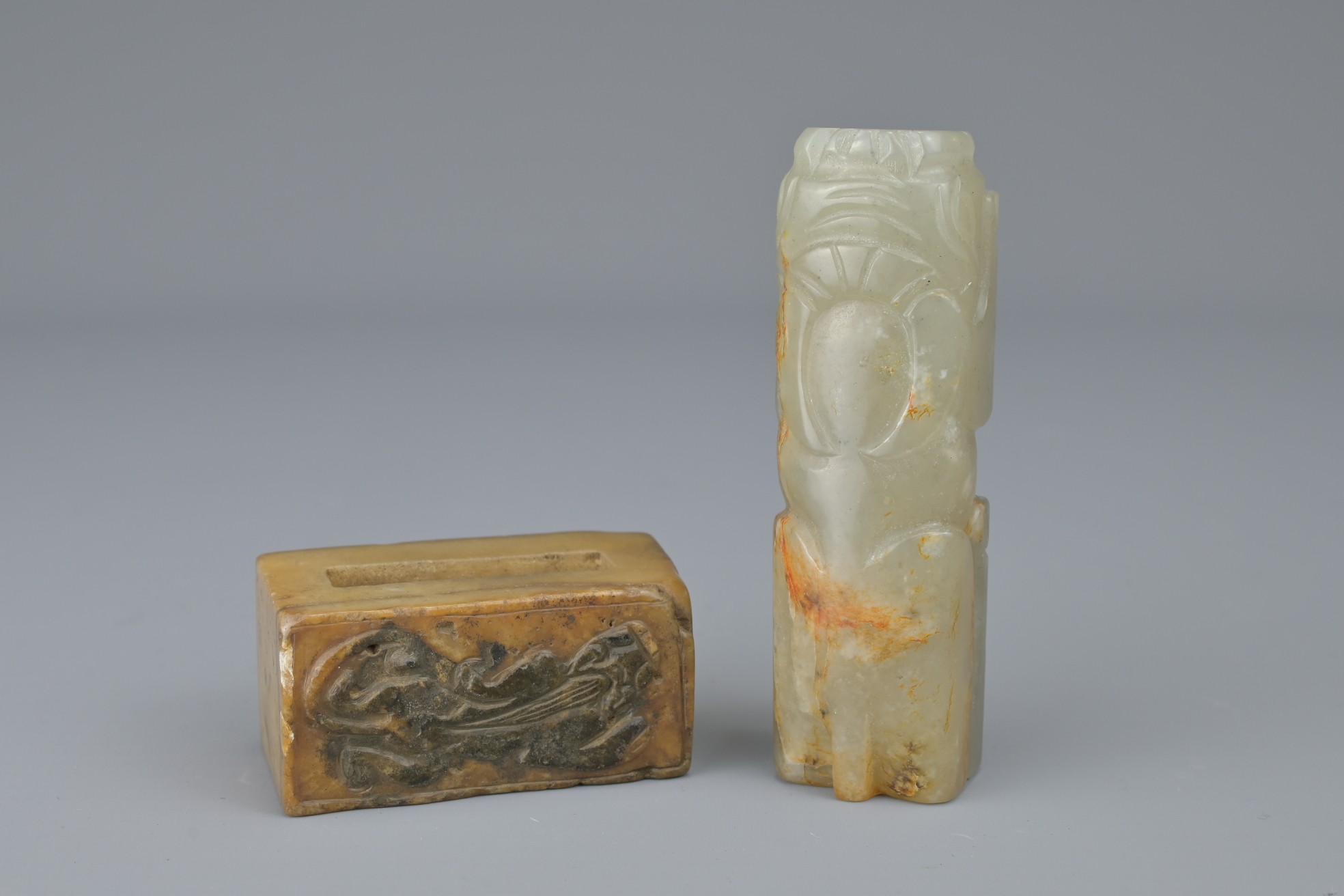 TWO CHINESE JADE FITTINGS. To include a celadon and russet animal form section of cylindrical - Image 5 of 6