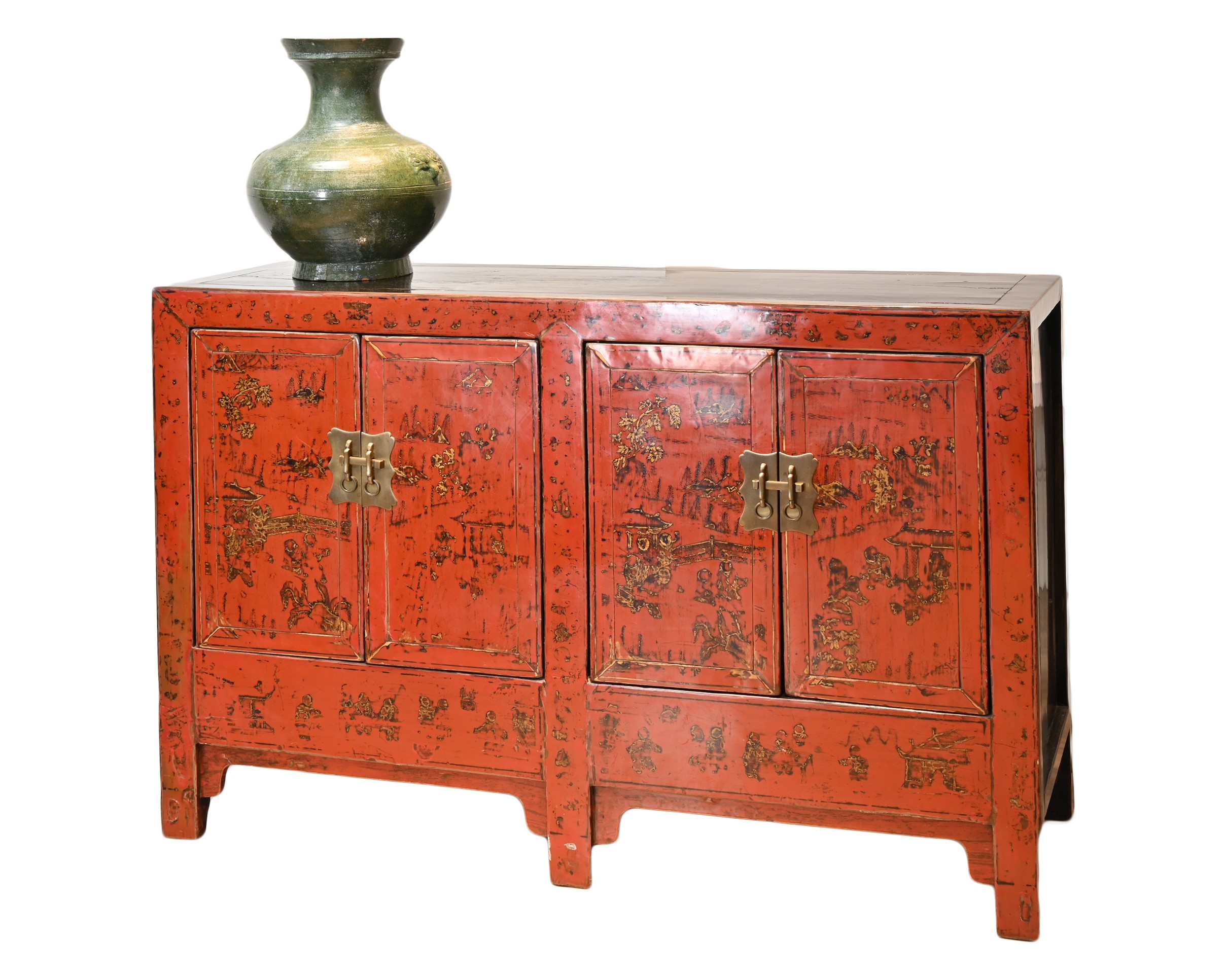 A CHINESE RED AND BLACK LACQUER ELM SIDE BOARD, SHANXI PROVINCE, 19TH CENTURY. Four-panel doors with