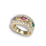 VAN CLEEF & ARPELS 18CT DIAMOND, SAPPHIRE, RUBY AND EMERALD TRIO HEART RING. Yellow gold setting