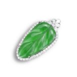 A WHITE GOLD, DIAMOND AND JADEITE LEAF-SHAPED PENDANT. Of tapering form, mounted in white gold and