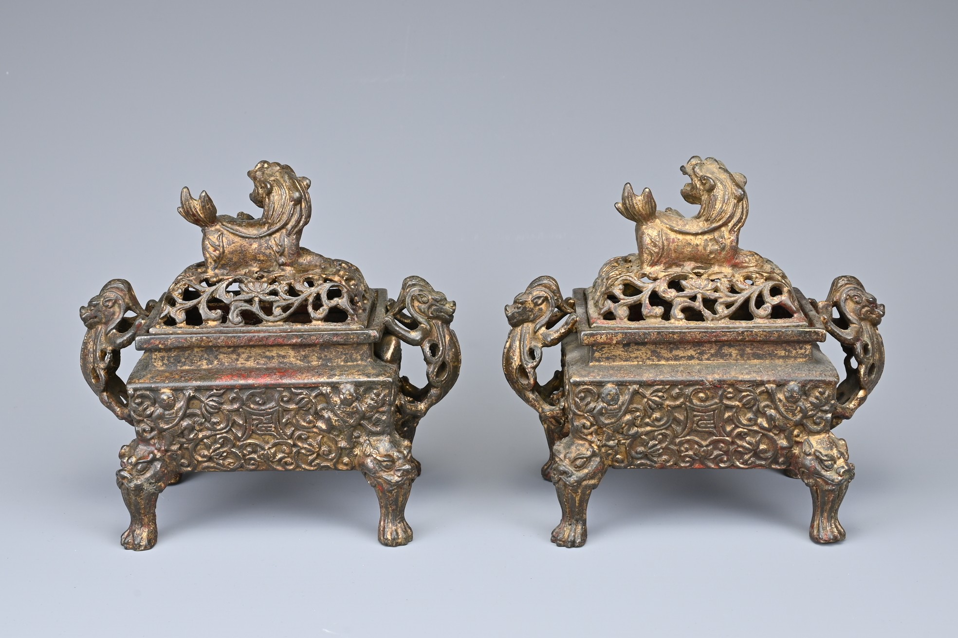 A PAIR OF CHINESE GILT BRONZE INCENSE BURNERS. Each or rectangular form with animal form handles and - Image 4 of 9