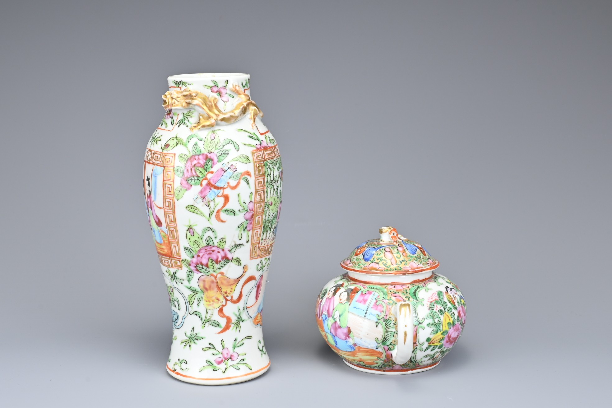 TWO CHINESE CANTON FAMILLE ROSE PORCELAIN ITEMS, 19TH CENTURY. To include a vase with gilt chilong - Image 2 of 5