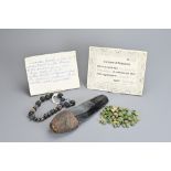 A GROUP OF ANCIENT GLASS AND STONE ITEMS. Comprising a Sumerian beaded necklace with 'Certificate of