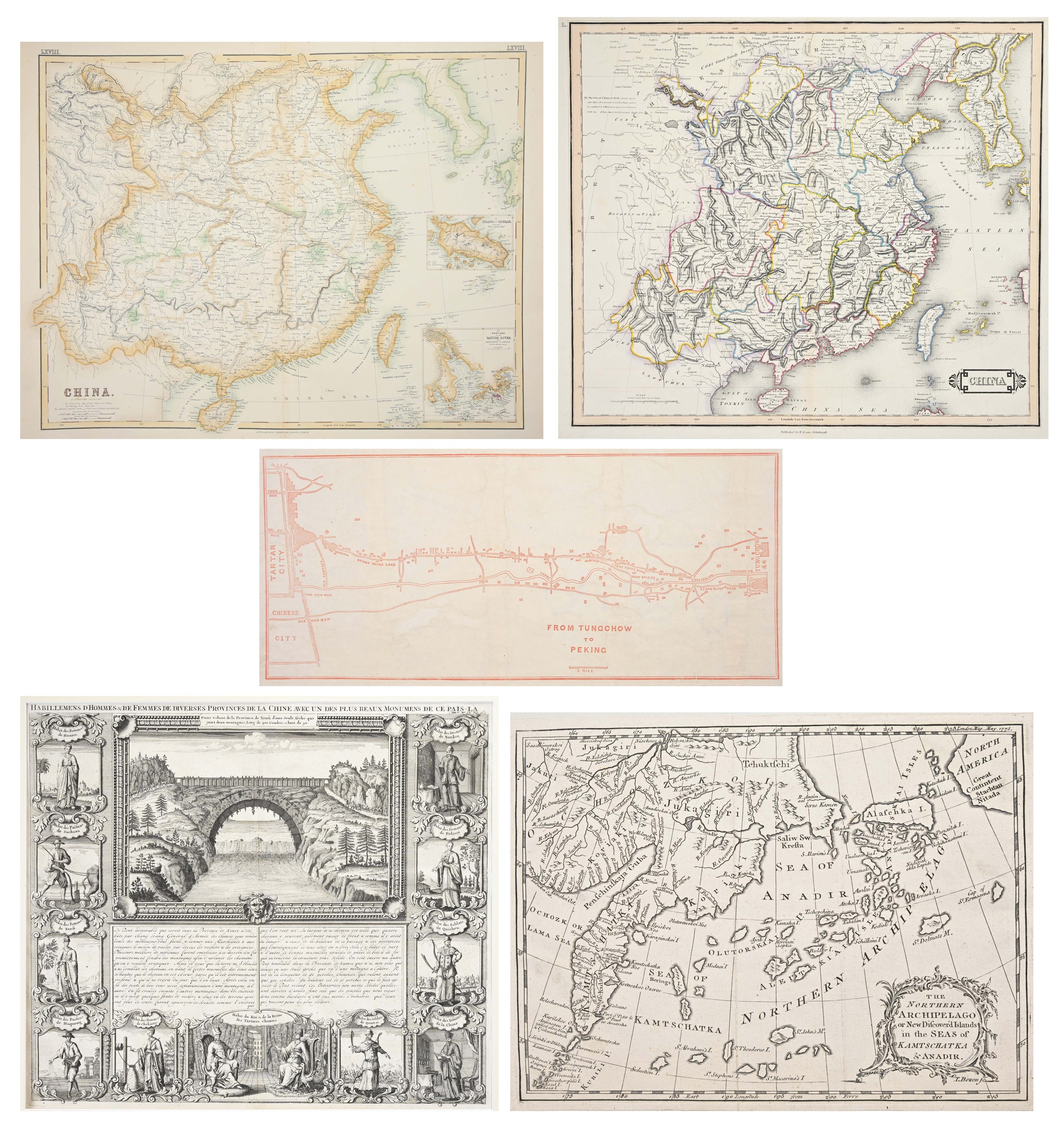 FIVE 18TH-19TH CENTURY PRINTED MAPS OF CHINA. Comprising: an example by H. A. Chatelain, HABILLEMENS