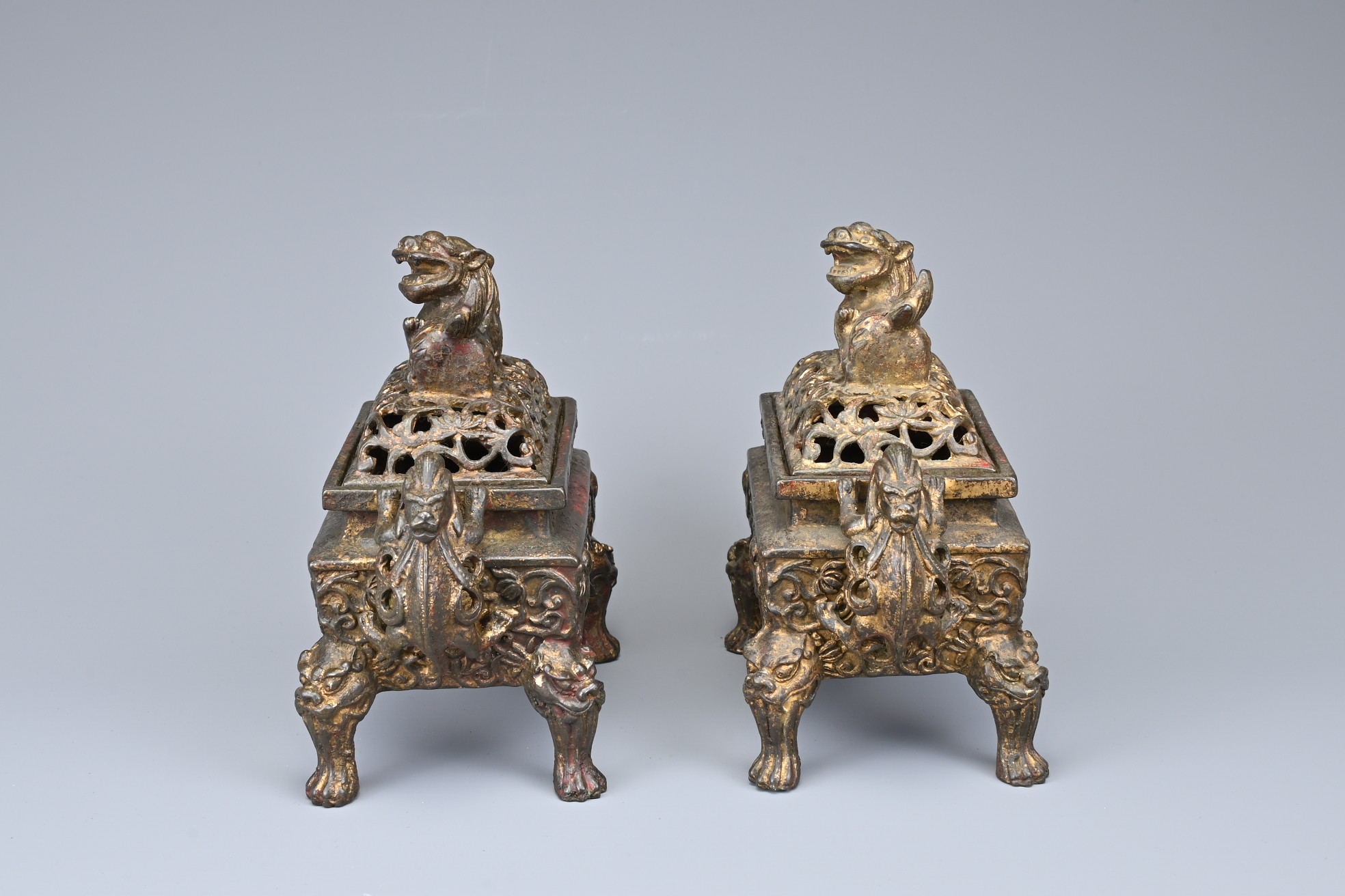 A PAIR OF CHINESE GILT BRONZE INCENSE BURNERS. Each or rectangular form with animal form handles and - Image 5 of 9