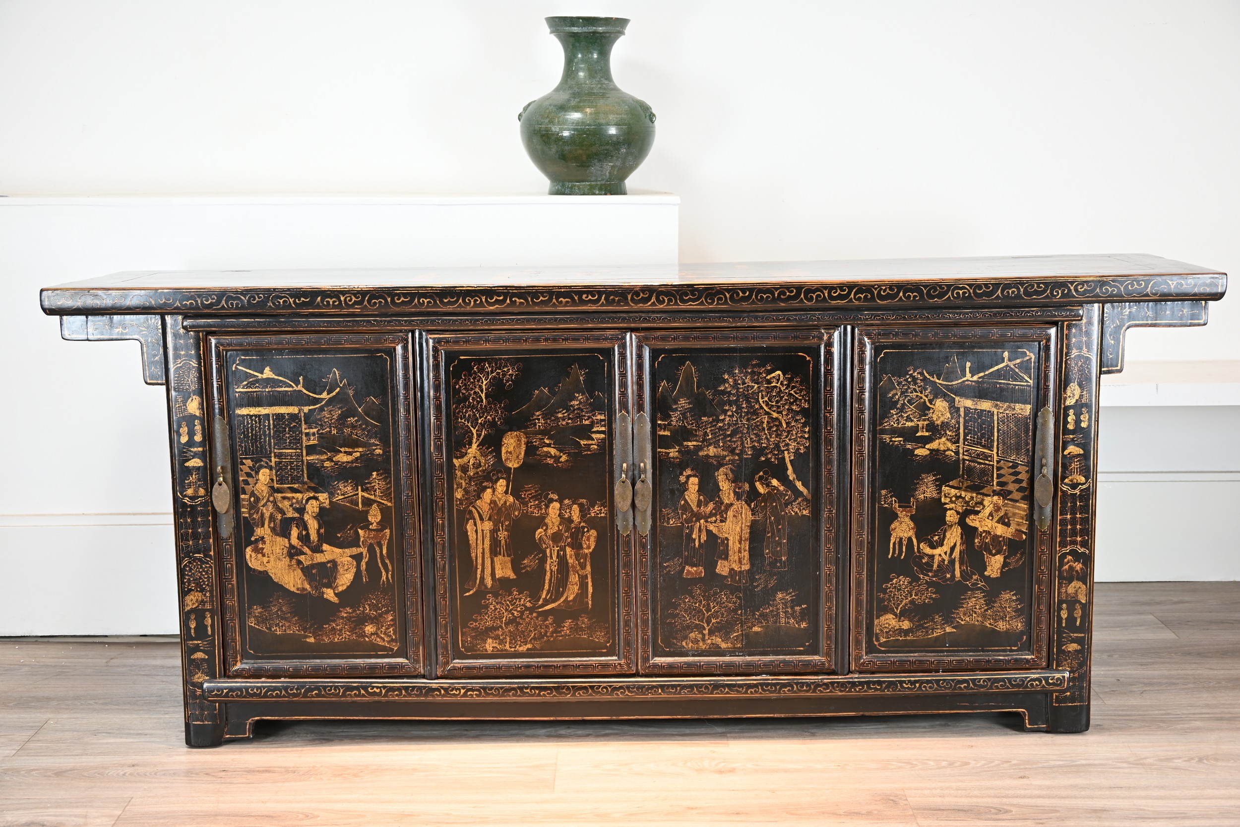 A LARGE CHINESE BLACK LACQUER AND GILT DECORATED SIDEBOARD, 19TH CENTURY. Well decorated to each - Image 7 of 14