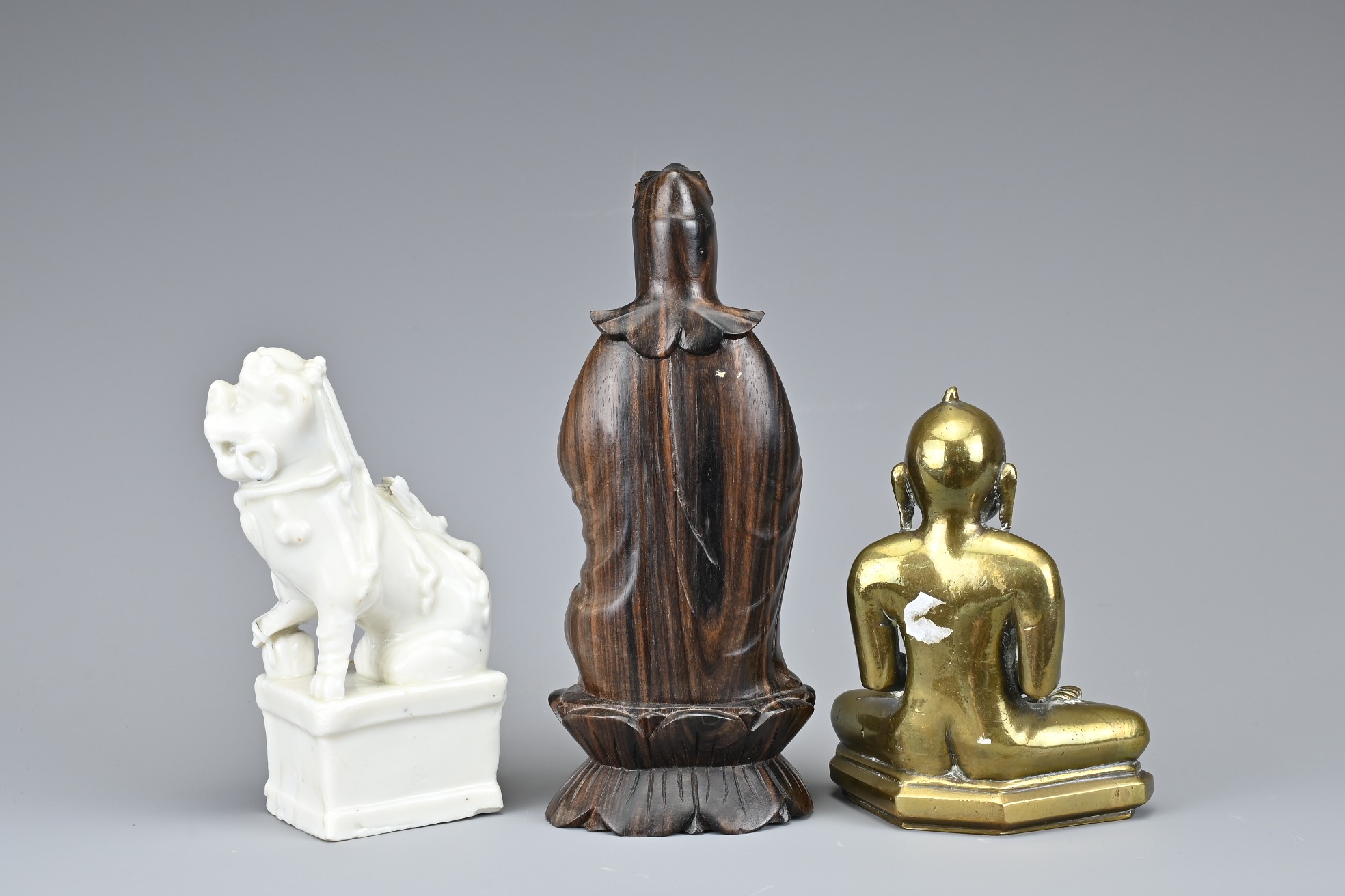 A GROUP OF BRONZE, CERAMIC AND WOOD ITEMS. Comprising an 18th century Blanc de Chine figure of dog - Image 2 of 4