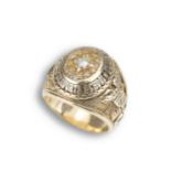 A 10K GOLD DIAMOND UNITED STATES NAVY POST GRADUATE SCHOOL RING, 1965. Central diamond mounted in