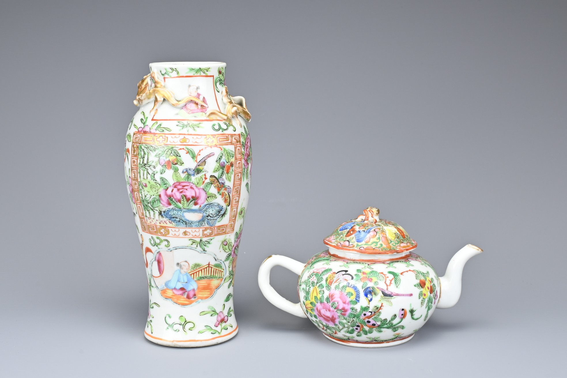 TWO CHINESE CANTON FAMILLE ROSE PORCELAIN ITEMS, 19TH CENTURY. To include a vase with gilt chilong - Image 3 of 5