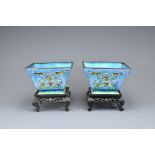 A PAIR OF CHINESE ENAMELLED COPPER SQUARE BOWLS ON STANDS, EARLY 20TH CENTURY. Each light blue