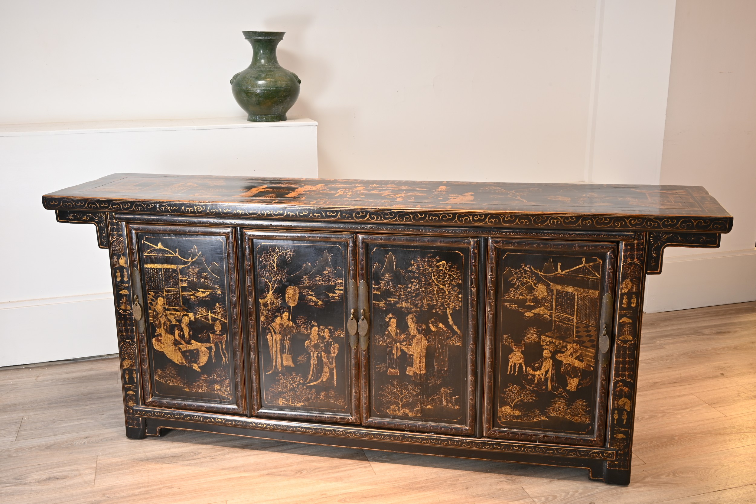A LARGE CHINESE BLACK LACQUER AND GILT DECORATED SIDEBOARD, 19TH CENTURY. Well decorated to each - Image 3 of 14