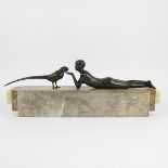 Art Deco sculpture reclining lady with bird