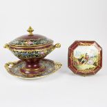 Lot Sèvres handpainted porcelain, large lidded coupe in a scale and jewelery box