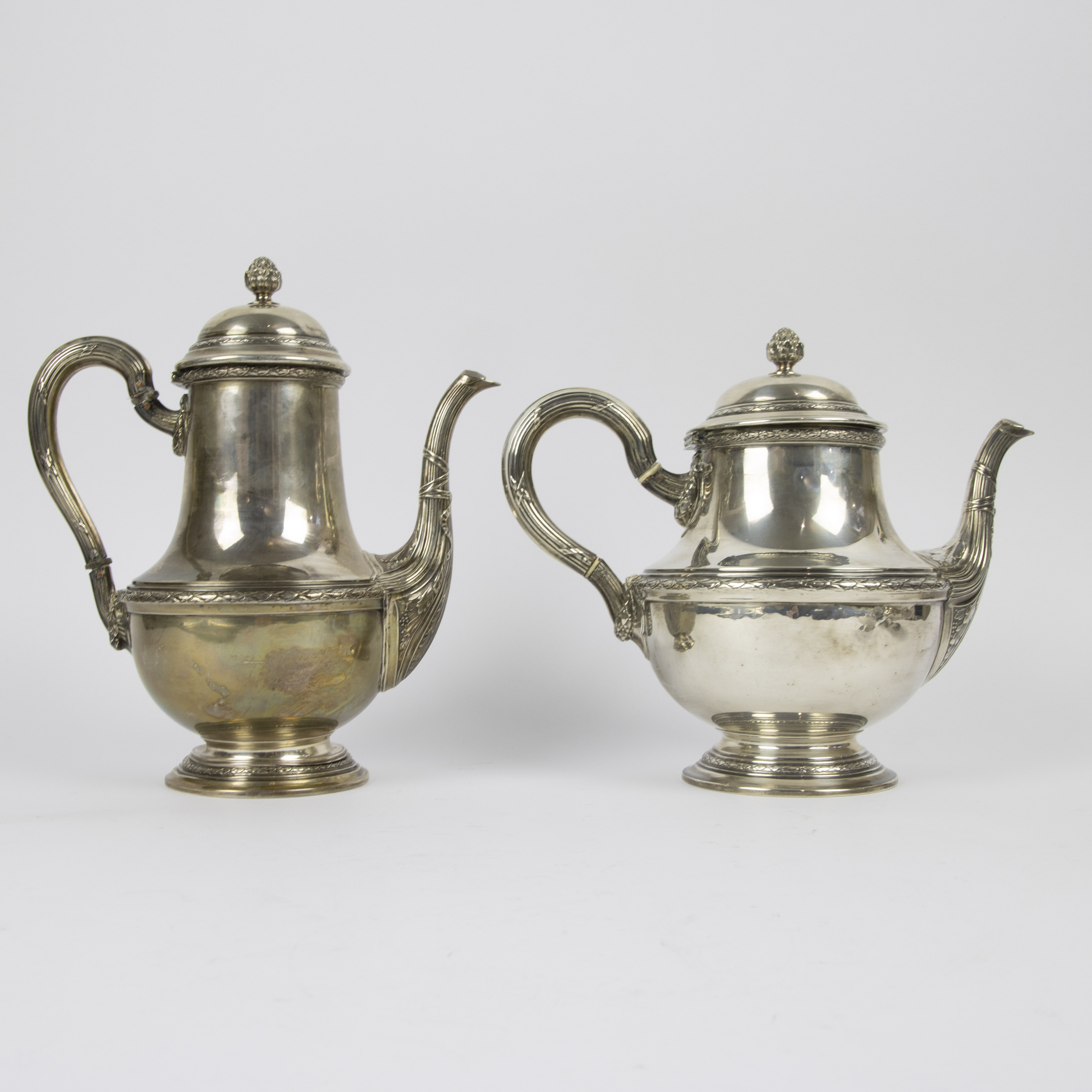 4 piece silver coffee and tea set with Louis XVI style plateau. - Image 5 of 11