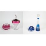 Val Saint Lambert 2 crystal red bonbonnières, blue crystal caraf and a bonbonnière