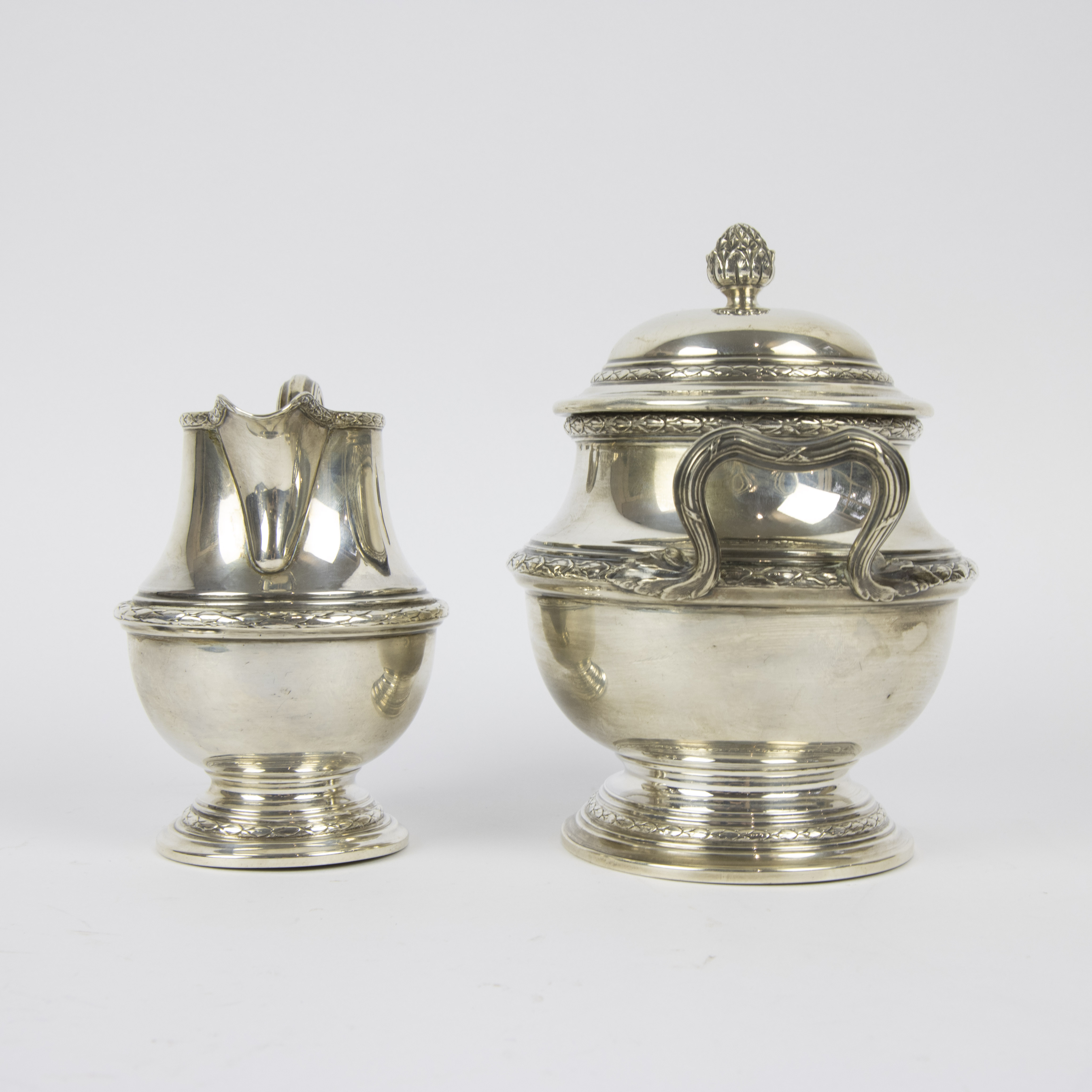 4 piece silver coffee and tea set with Louis XVI style plateau. - Image 8 of 11