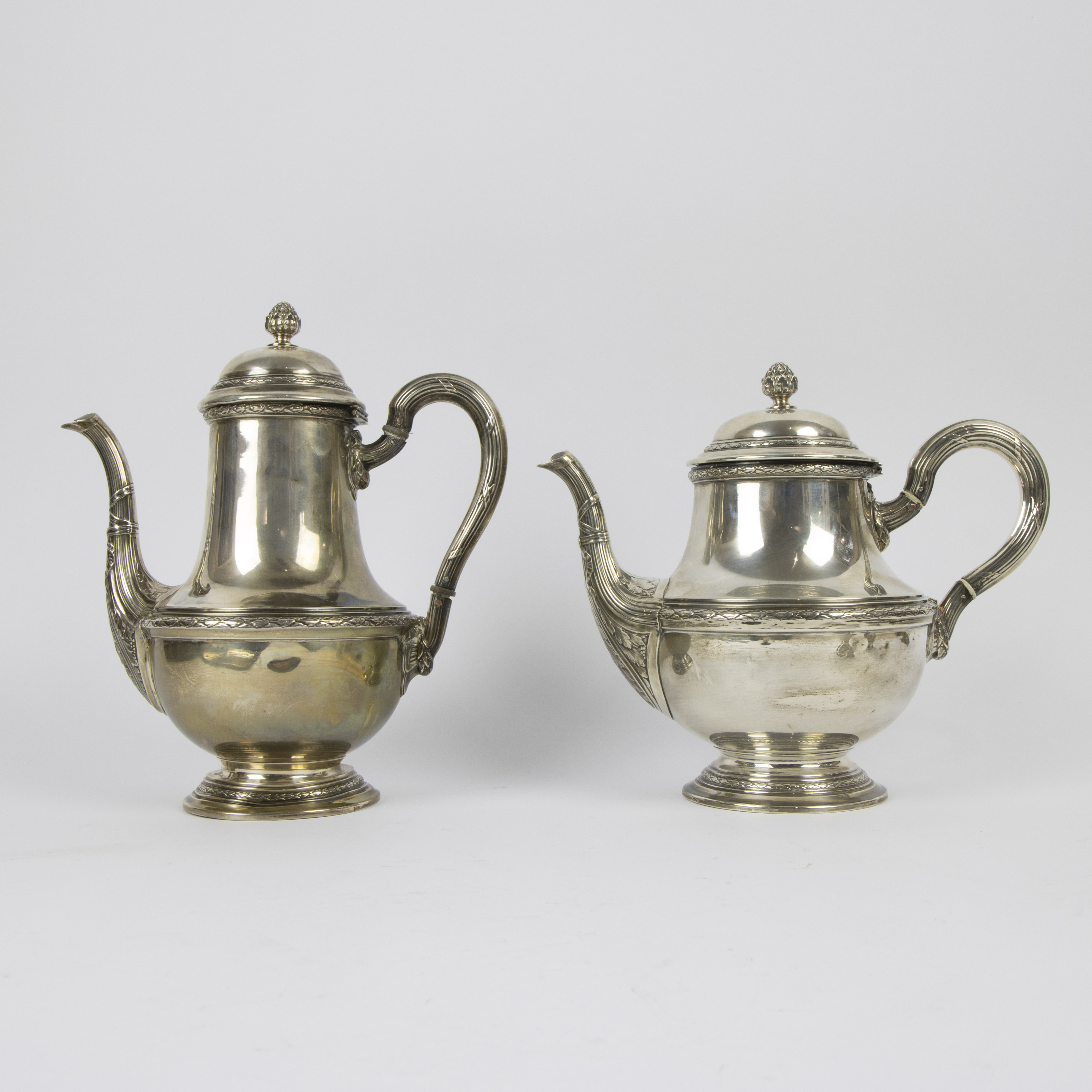 4 piece silver coffee and tea set with Louis XVI style plateau. - Image 3 of 11