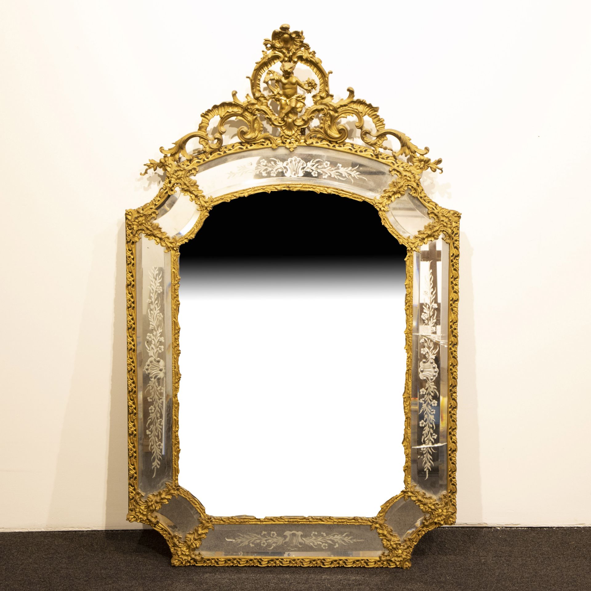 Antique Rococo style bronze mirror with cut glass motifs