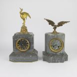 2 gray marble mantel clocks with fire-gilt ornaments