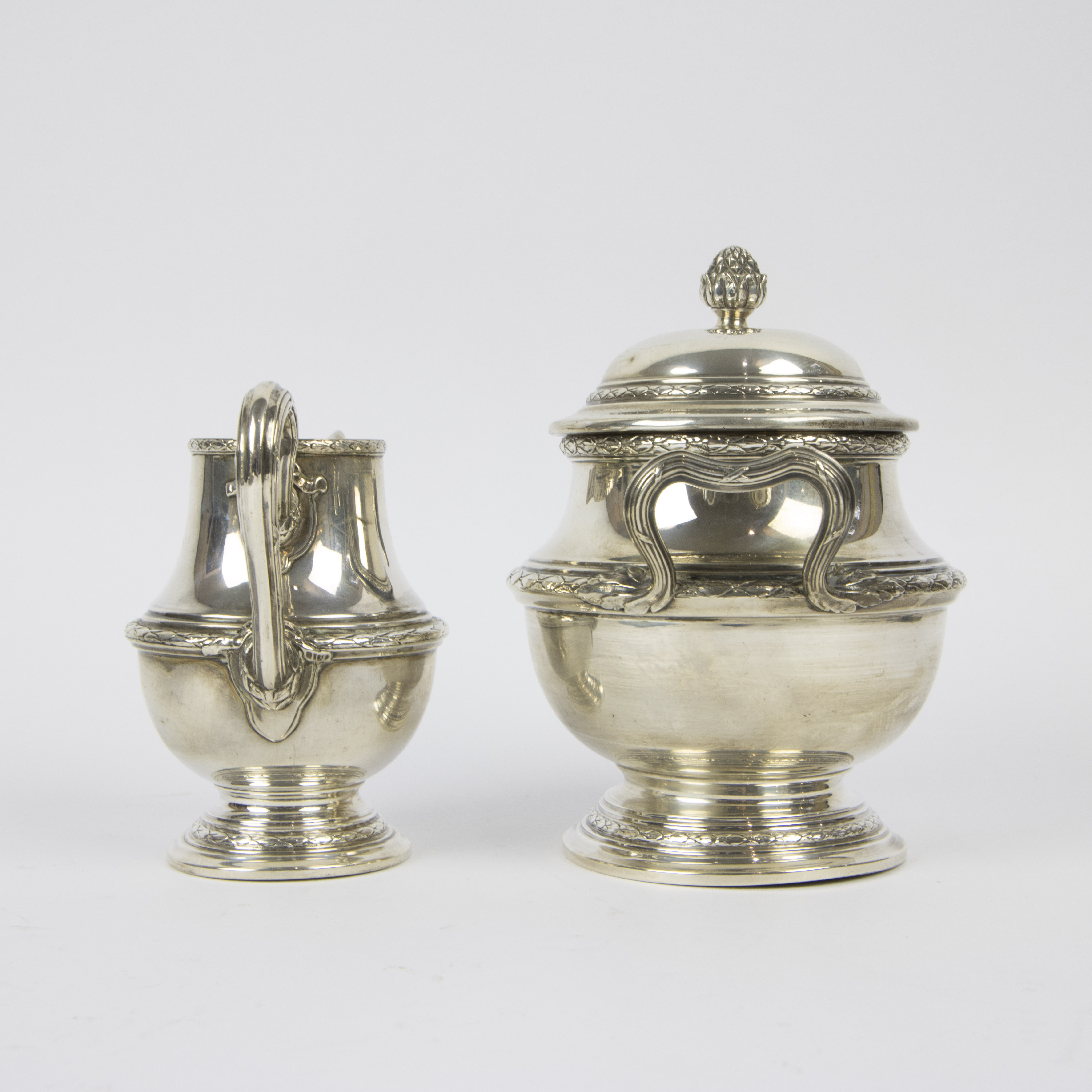 4 piece silver coffee and tea set with Louis XVI style plateau. - Image 10 of 11