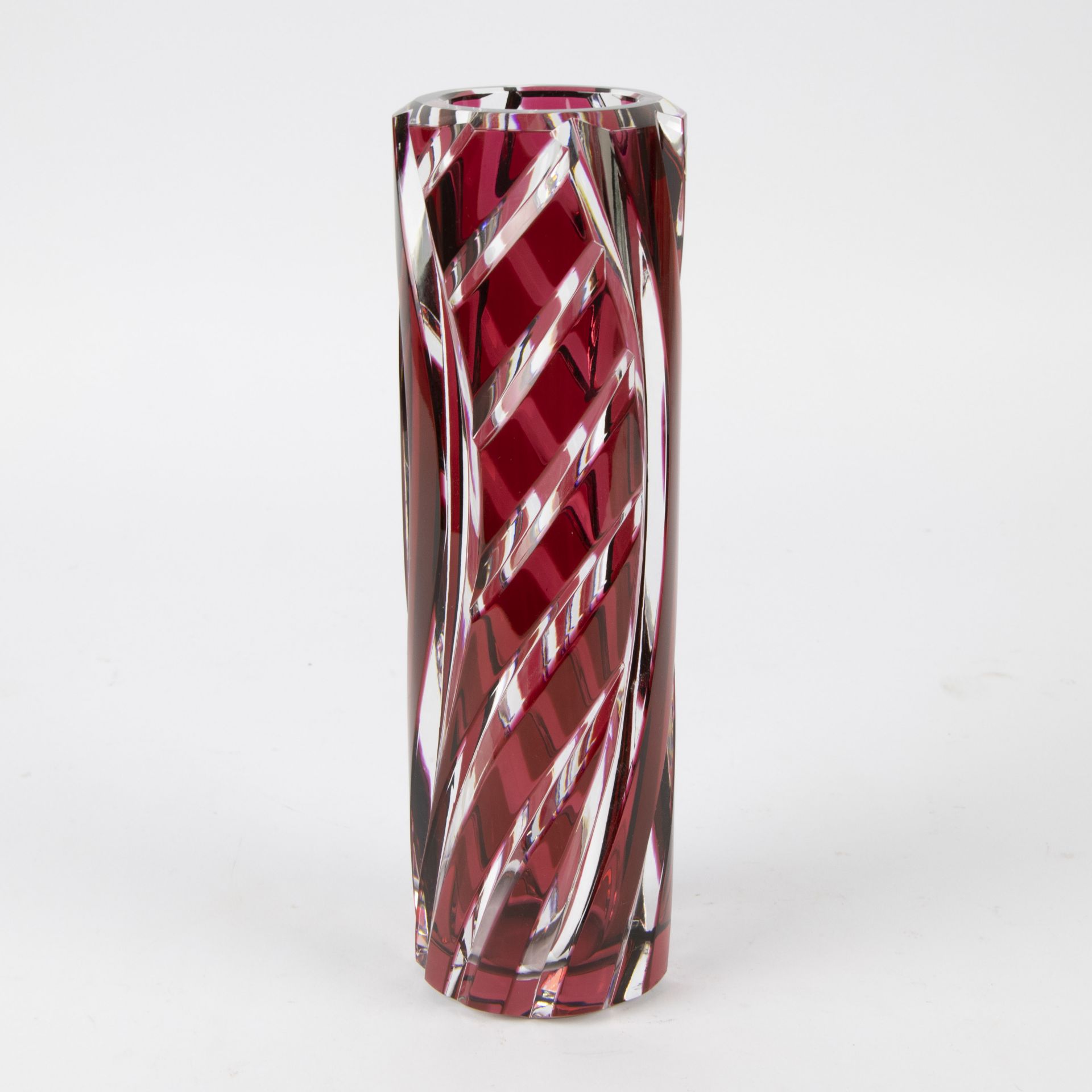Val Saint Lambert Art Deco tube vase in colorless and red cut crystal