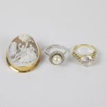 Gold ring 14 Kt with crystal, gold ring 18 Kt with pearl and gold cameo 18 Kt