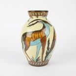 Boch Frères - Charles Catteau - Vase with exceptional decor of stylized fallow deer and floral motif