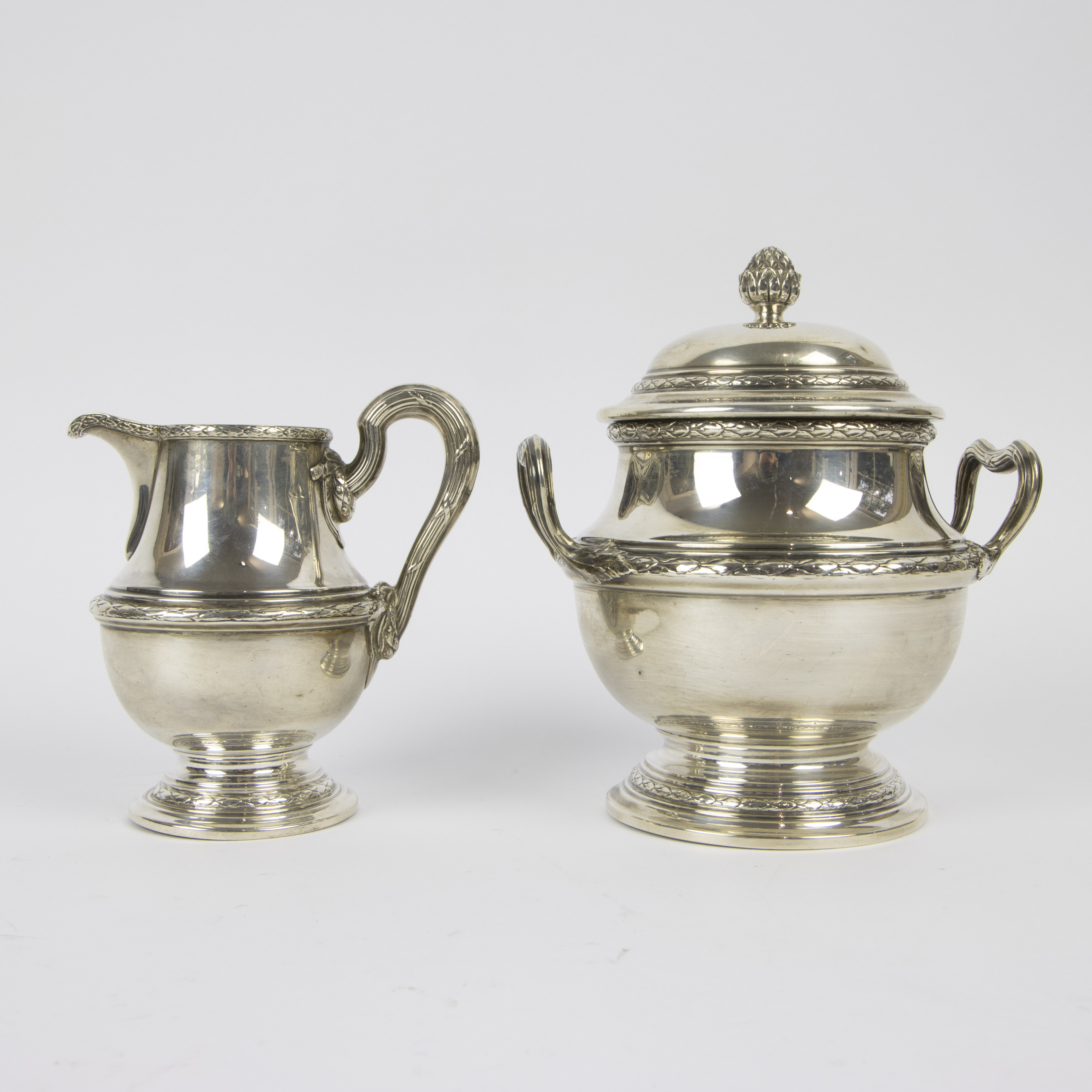 4 piece silver coffee and tea set with Louis XVI style plateau. - Image 7 of 11