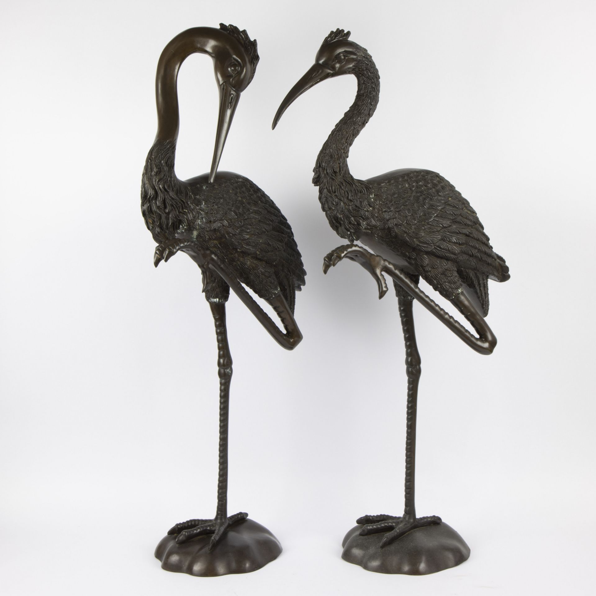 A pair of large bronze cranes