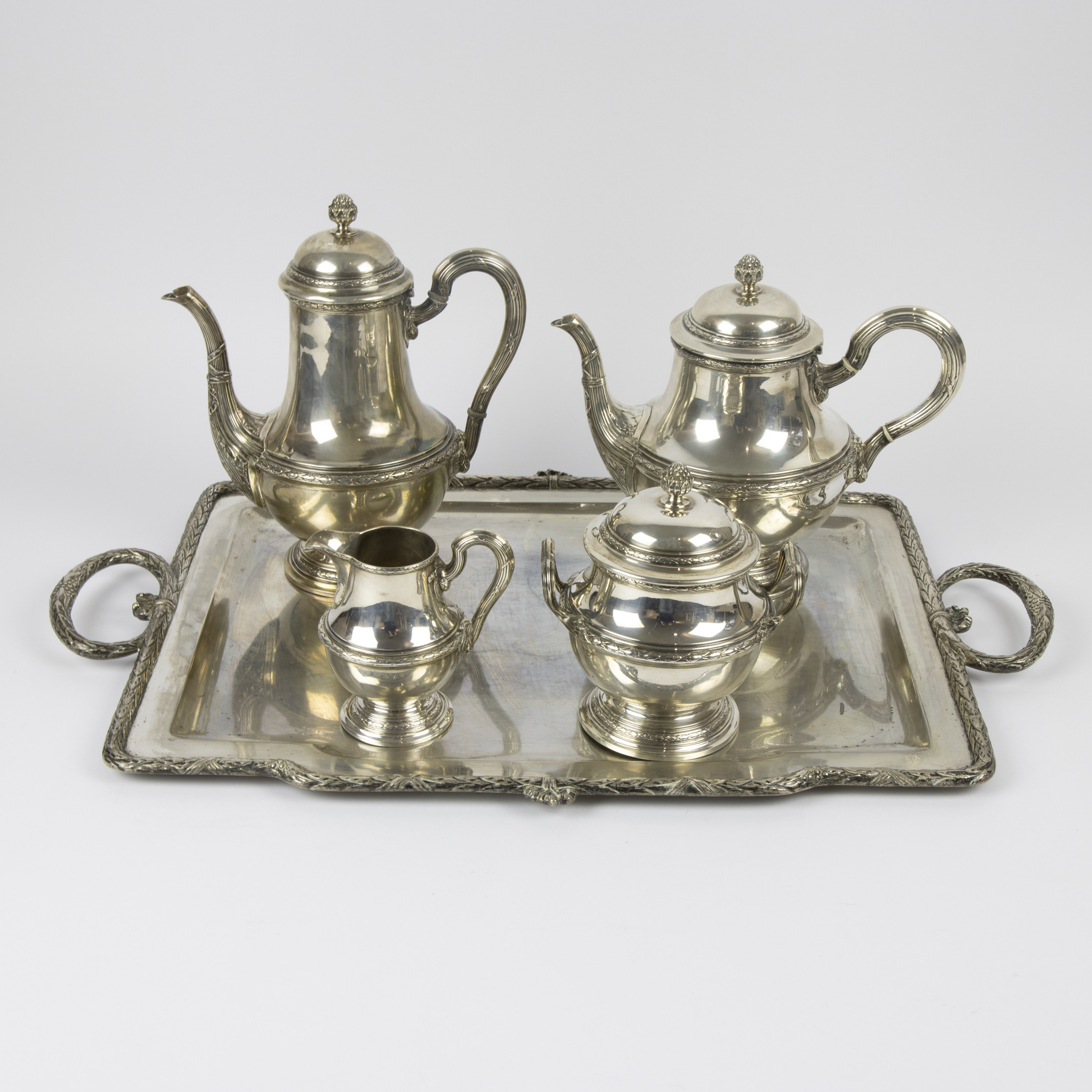 4 piece silver coffee and tea set with Louis XVI style plateau.