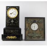 French Napoleon III table clock made of black lacquered wood, decorated with inlay Boulle technique