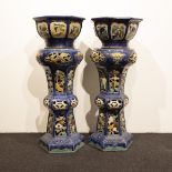 2 Chinese ceramic polychrome glazed flower stands with flower pot around 1900