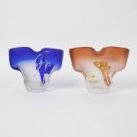 2 Hand-blown blue and orange clear crystal vases Louis Leloup series Le Machaon