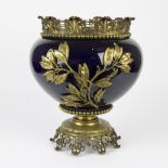 Blue faience flower pot with bronze mount and bronze floral decor around 1900
