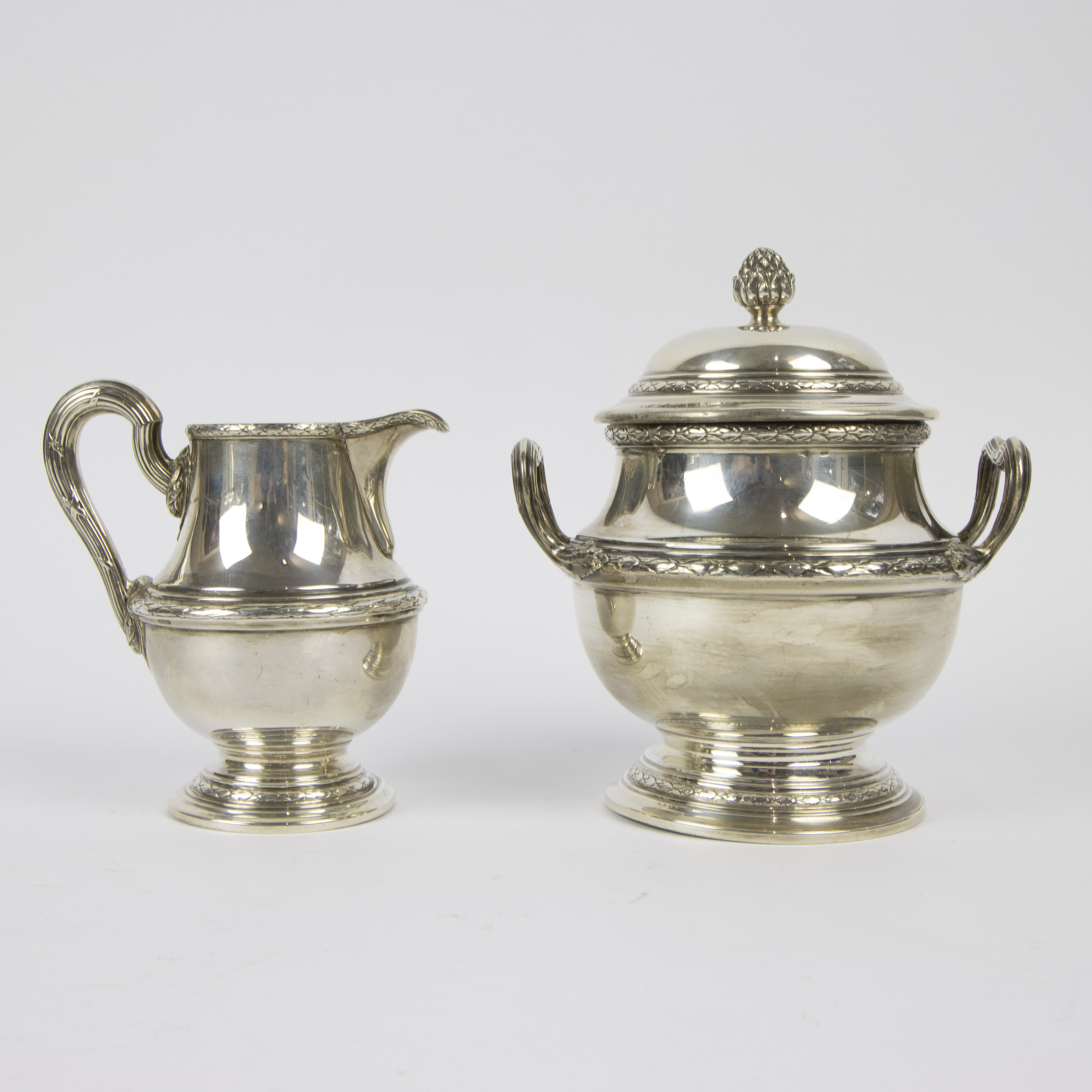 4 piece silver coffee and tea set with Louis XVI style plateau. - Image 9 of 11