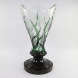 Large Art Deco crystal vase green cut with elaborate edge