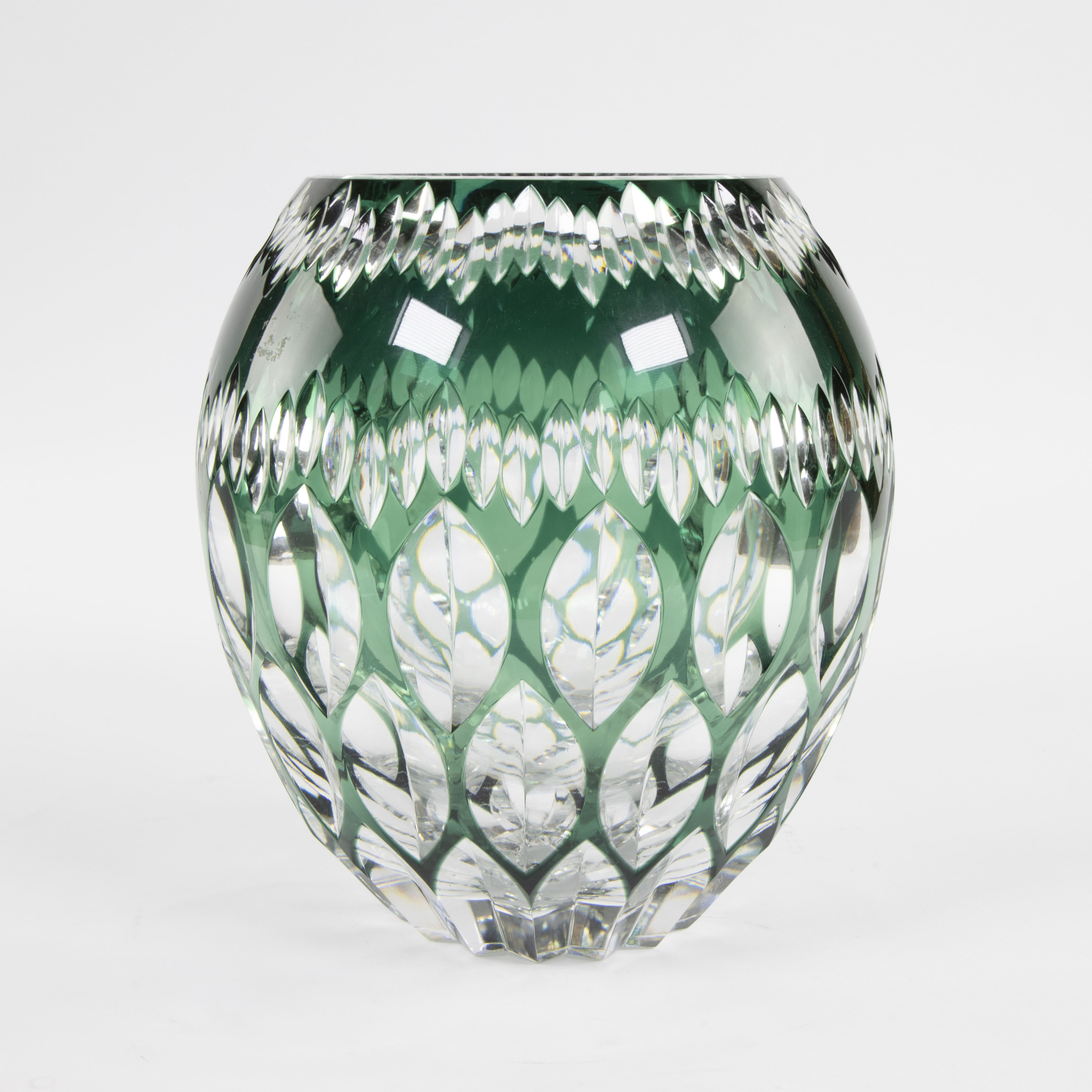 Val Saint Lambert double cut green cristal vase, signed VSL and maker