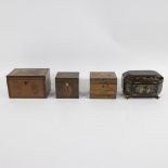 A collection of 4 tea boxes, 3 with marquetry and one with chinoiserie decoration