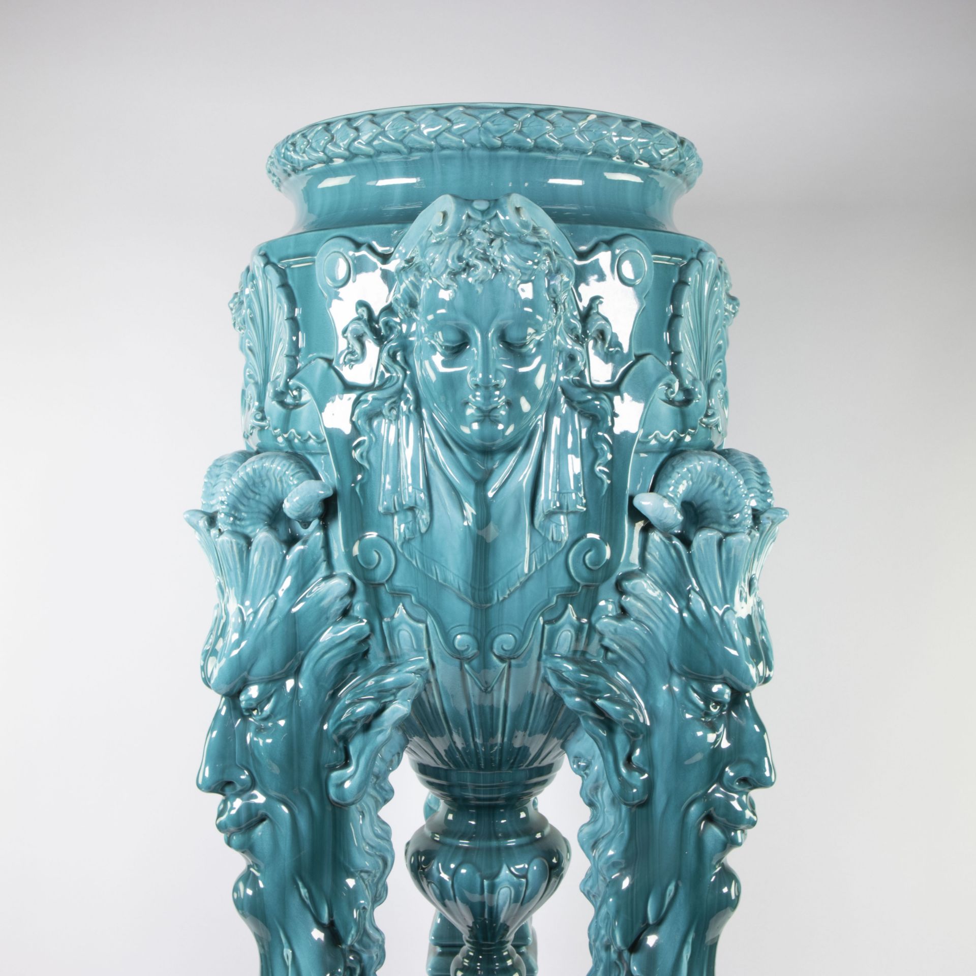 Théodore DECK (1823-1891) (attributed) Ceramic cachepot with stand in blue dripping glaze around 190 - Bild 4 aus 14