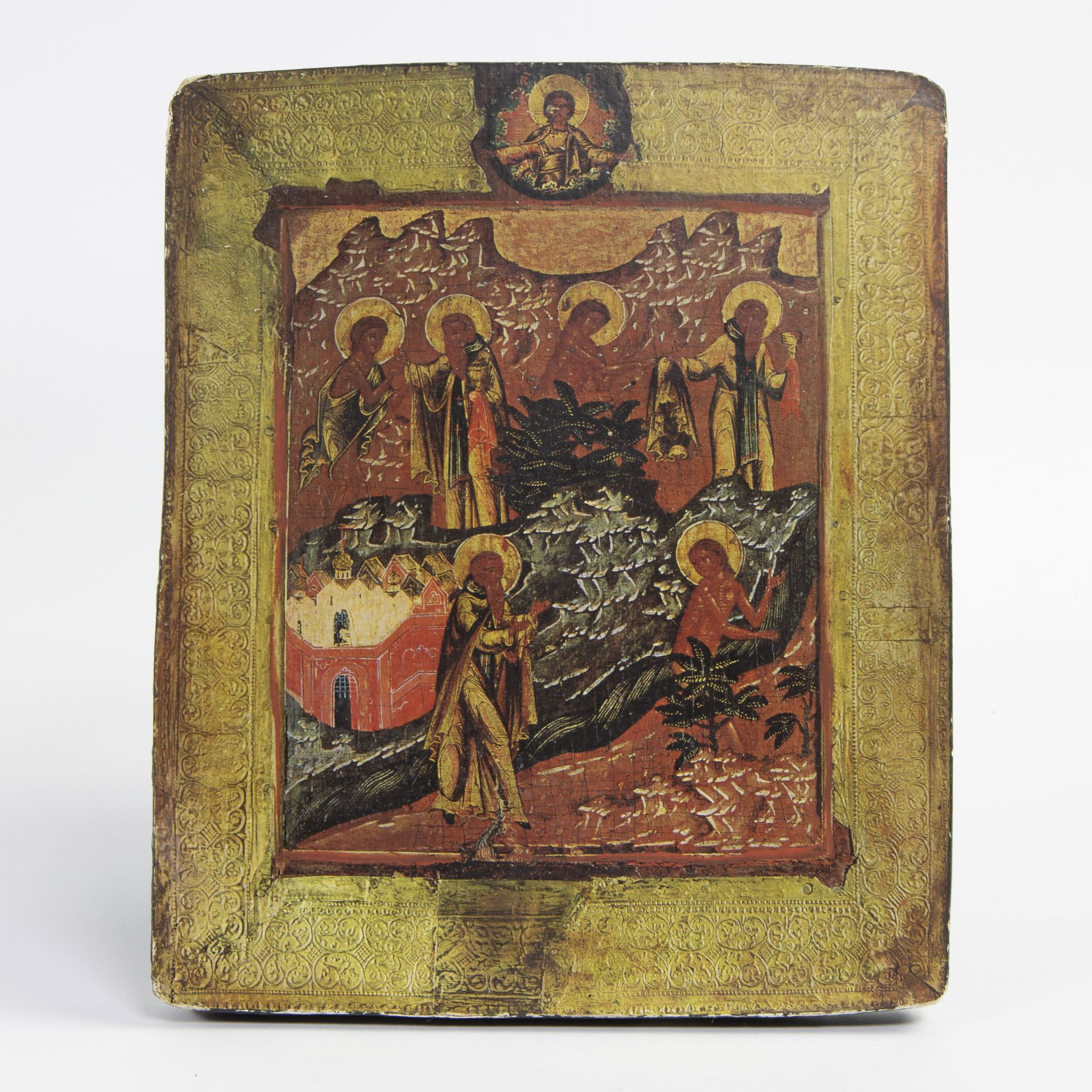 Antique Russian Icon The Holy Virgin in the company of the Apostles with gilt metal 19th century and - Bild 4 aus 5