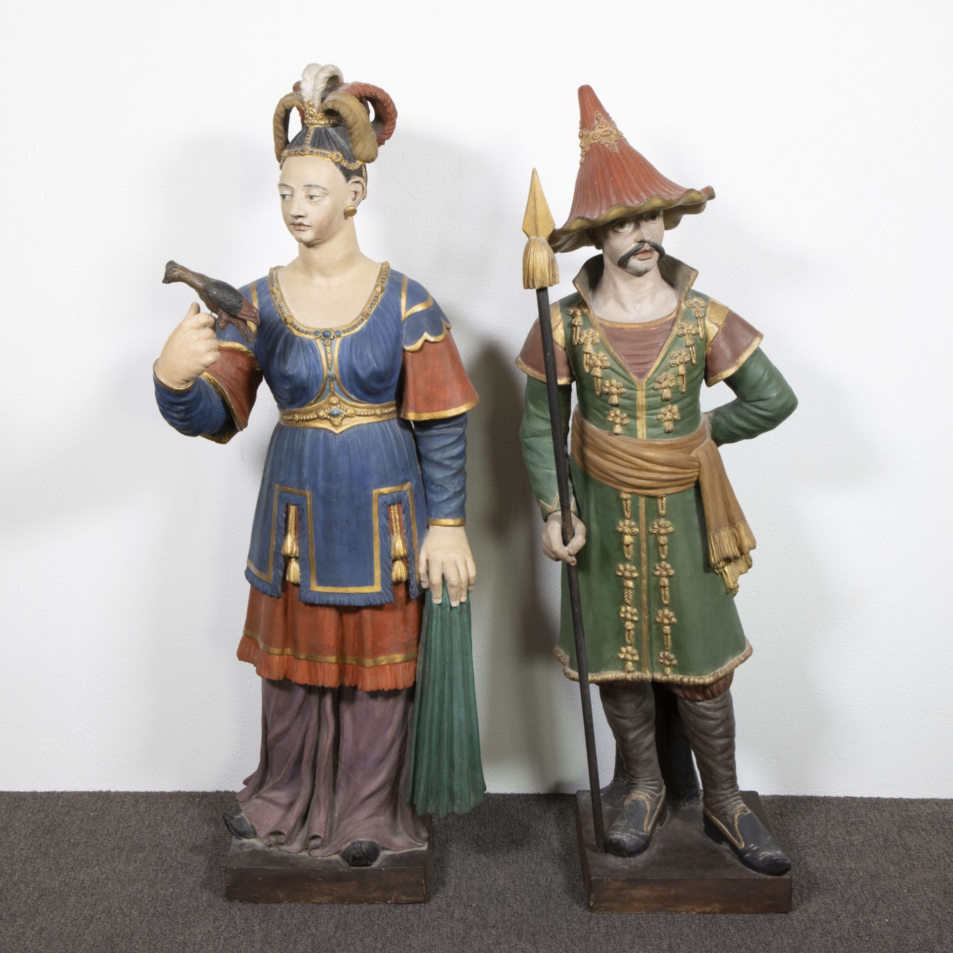 Terracotta garden statues with original polychromy from the orangery of the castle of Eksaarde. The 