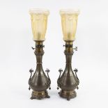 Pair of oil lamps in finely worked brass and fine glass shades marked at the bottom with initials JS