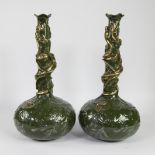 Pair of Belgian Art Deco green ceramic vases decorated with dragons