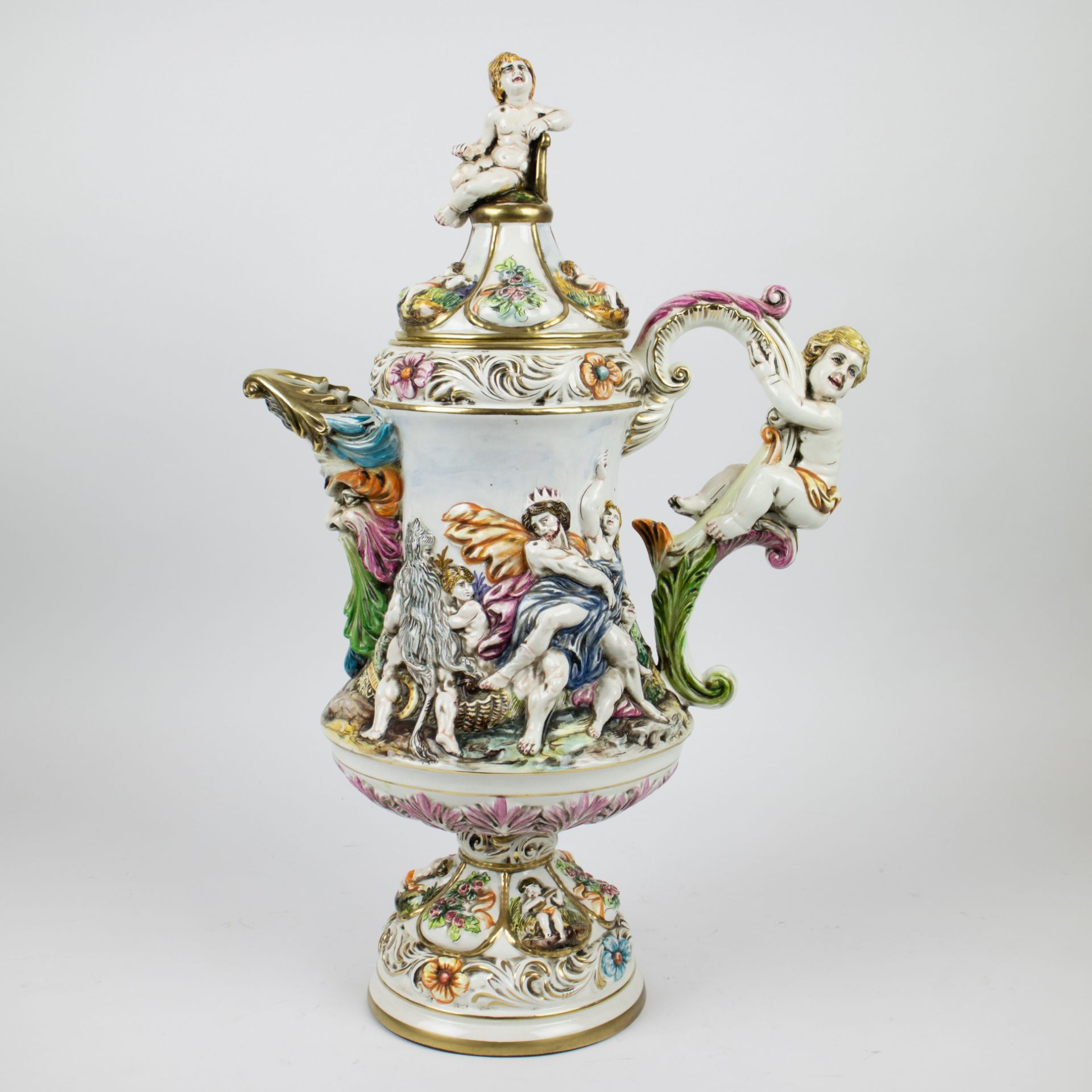 Richly decorated decorative jug Capo di Monti, marked