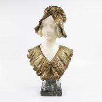 Marble bust of a young girl with gilt bronze on green marble base signed Carli