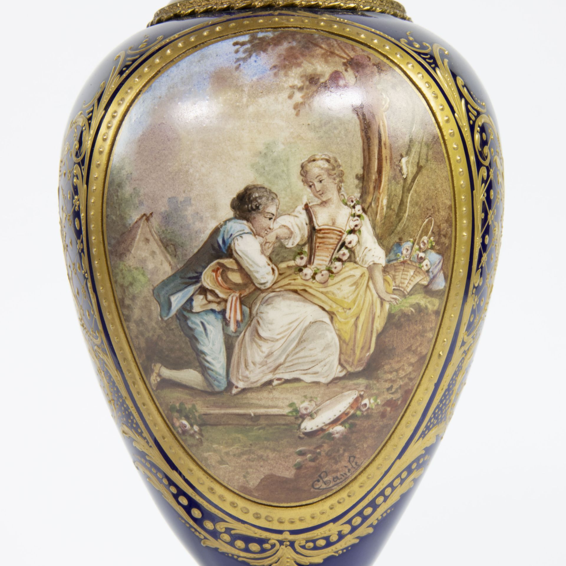 A pair of French handpainted Sèvres vases by Chanèle, signed and marked. - Image 2 of 9