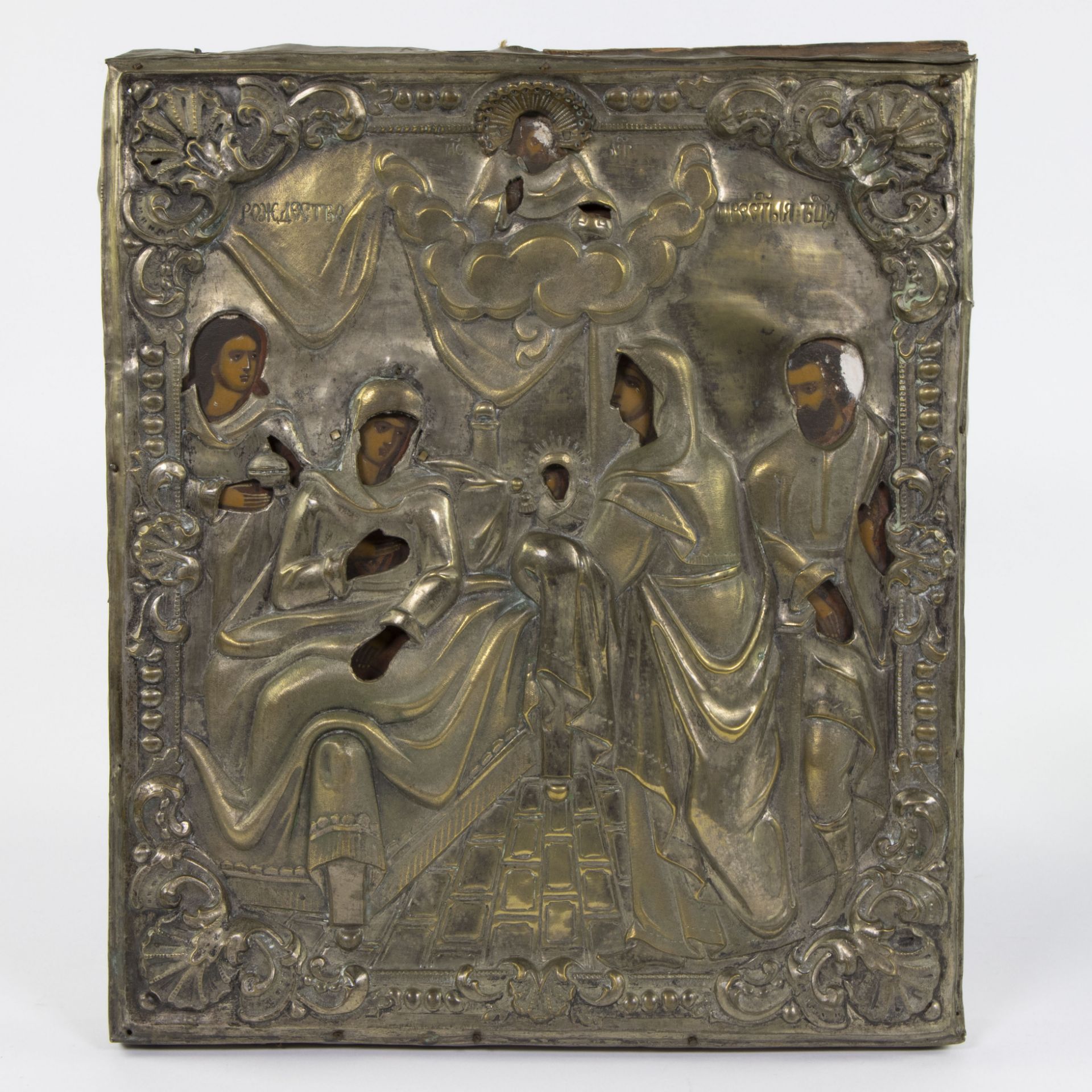 Antique Russian Icon The Holy Virgin in the company of the Apostles with gilt metal 19th century and - Bild 2 aus 5