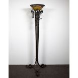 Art Deco wrought iron floor lamp with coupe in glass paste Muller Freres Luneville, signed