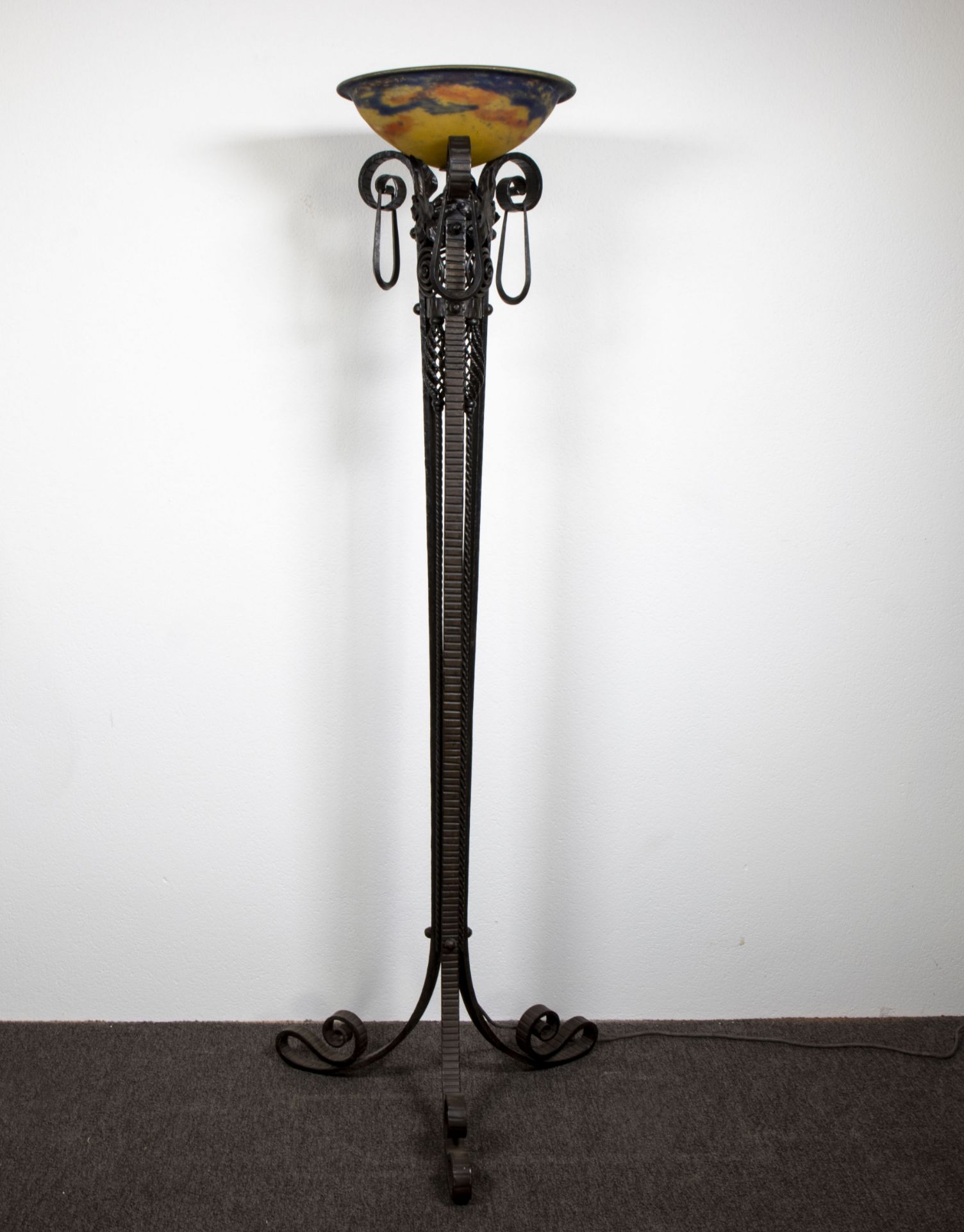 Art Deco wrought iron floor lamp with coupe in glass paste Muller Freres Luneville, signed