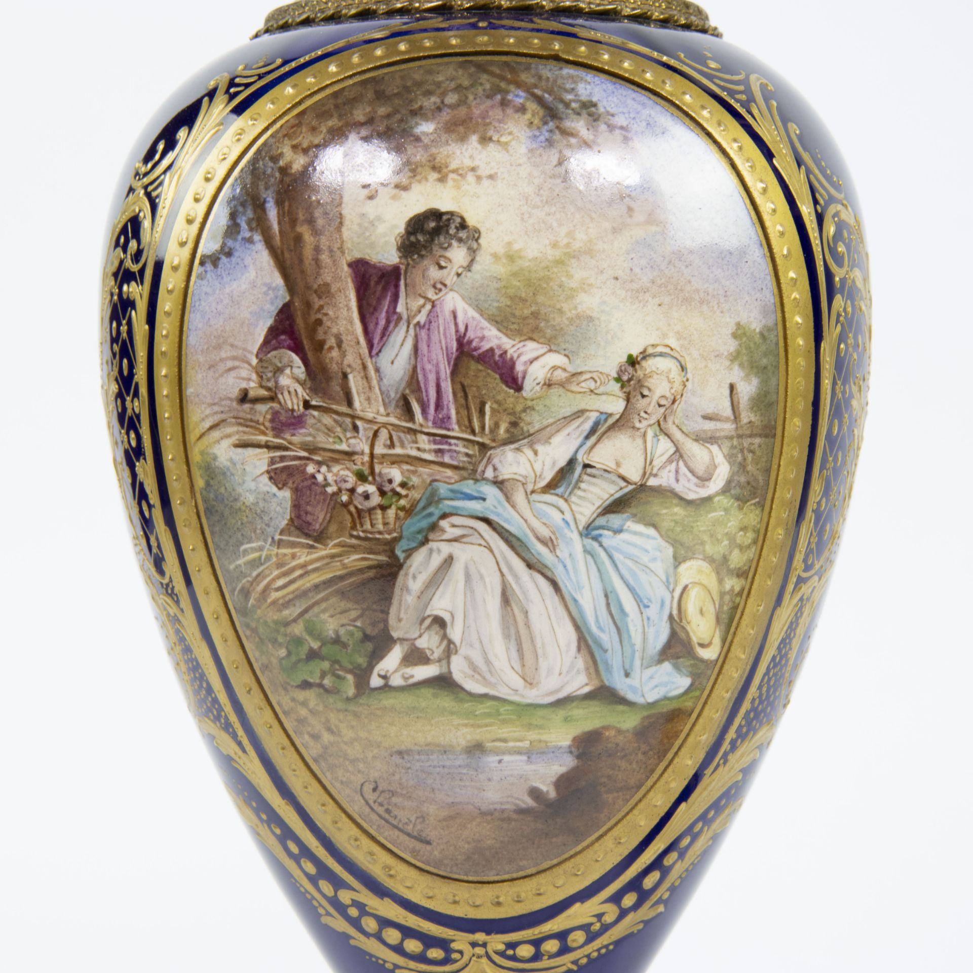 A pair of French handpainted Sèvres vases by Chanèle, signed and marked. - Image 4 of 9